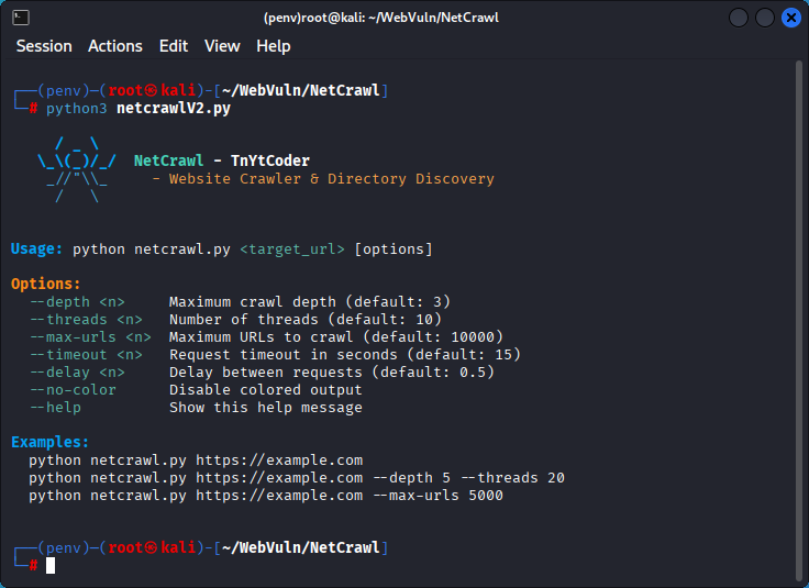 NetCrawl banner and help menu